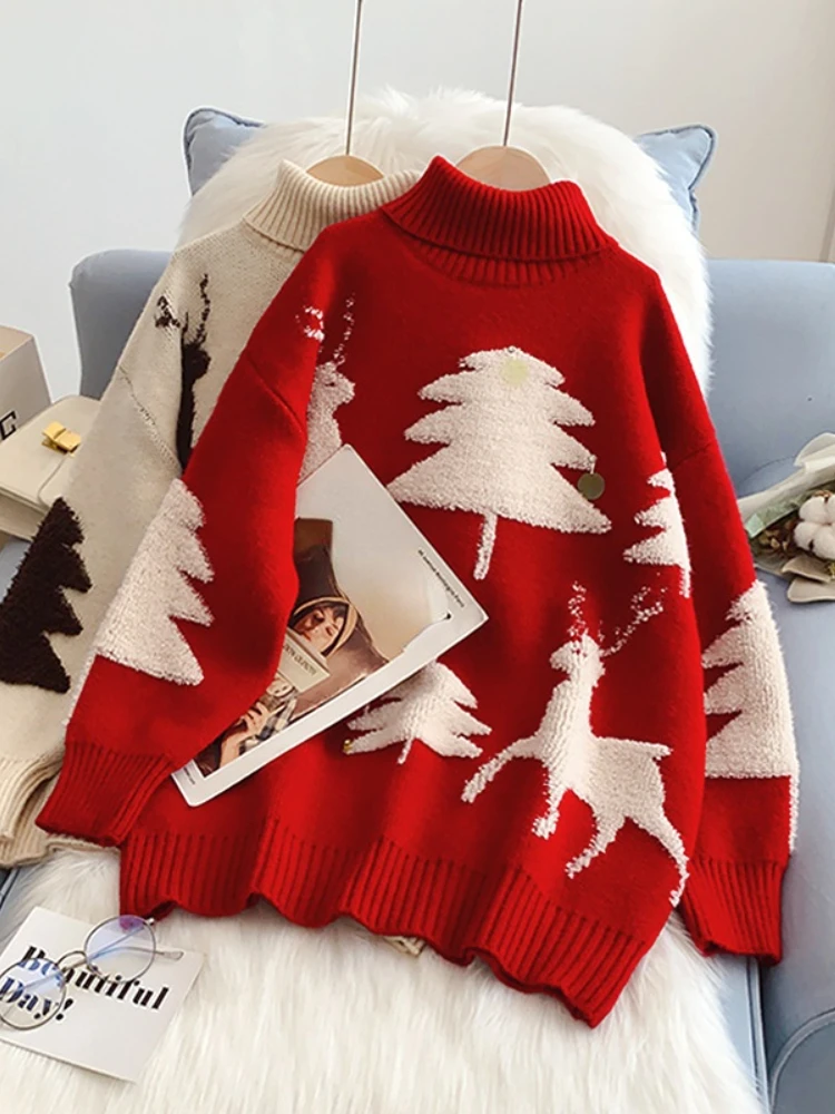 

Korobov Christmas Sweater Women Red Turtleneck Fashion Jacquard Tree Print Knitted Pullover Long Sleeve Pull Femme Female Jumper
