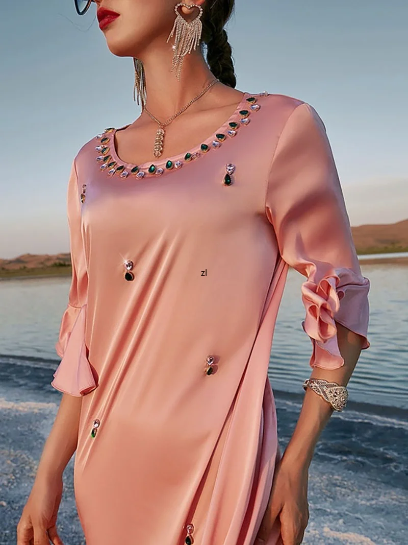 Handsewn Rhinestones Satin Dubai Abaya Long Dress for Women Metallic Belted Muslim African   Moroccan Caftan Evening Gown