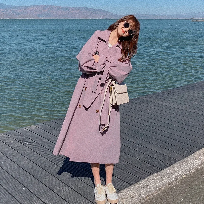 

Women's Trench Coat Purple Long Cargo Double-breasted Korean Version Loose Over-the-knee Casual Classic High Quality Coat