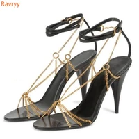 metal chain strap stiletto heel sandals round toe ankle strap hollow high heel shoes black summer fashion large size sandals