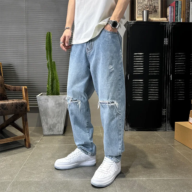 American Street Fashion Men Jeans Retro Blue Loose Fit Ripped Jeans Men Wide Leg Trousers Patched Designer Straight Pants Hombre