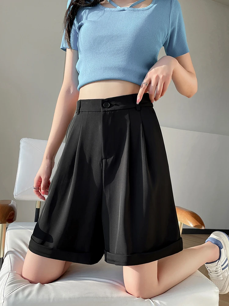 DFRCAEG 2023 Summer Bermuda Shorts For Women High Elastic Waist Wide Leg Loose Suit Pants With Pockets Crimping Half Pants Femme