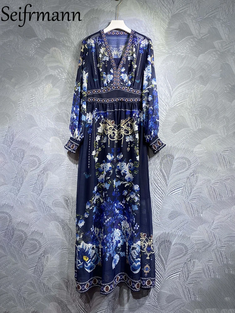

Seifrmann High Quality Summer Women Fashion Runway Holiday Dress Lantern Long Sleeve Blue Floral Printed Ladies A-Line Dresses