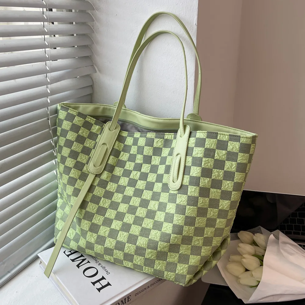 

Burminsa Checkered Fabric Large Shoulder Tote Bags For Women Summer 2022 Trend Fashion Zipper Closure A4 Shopper Ladies Handbags