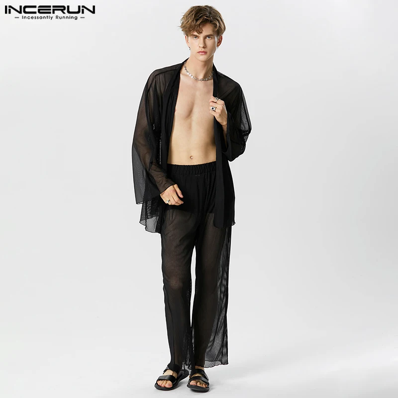 

INCERUN 2023 стильные мужские комплекты в американском стиле полосатый прозрачный сетчатый Кардиган с длинным рукавом Брюки Повседневный сексуальный костюм 2 предмета