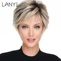 lanyi 6 ombre short brown mixed blonde hair wigs natural curly with bangs synthetic pixie cut wig
