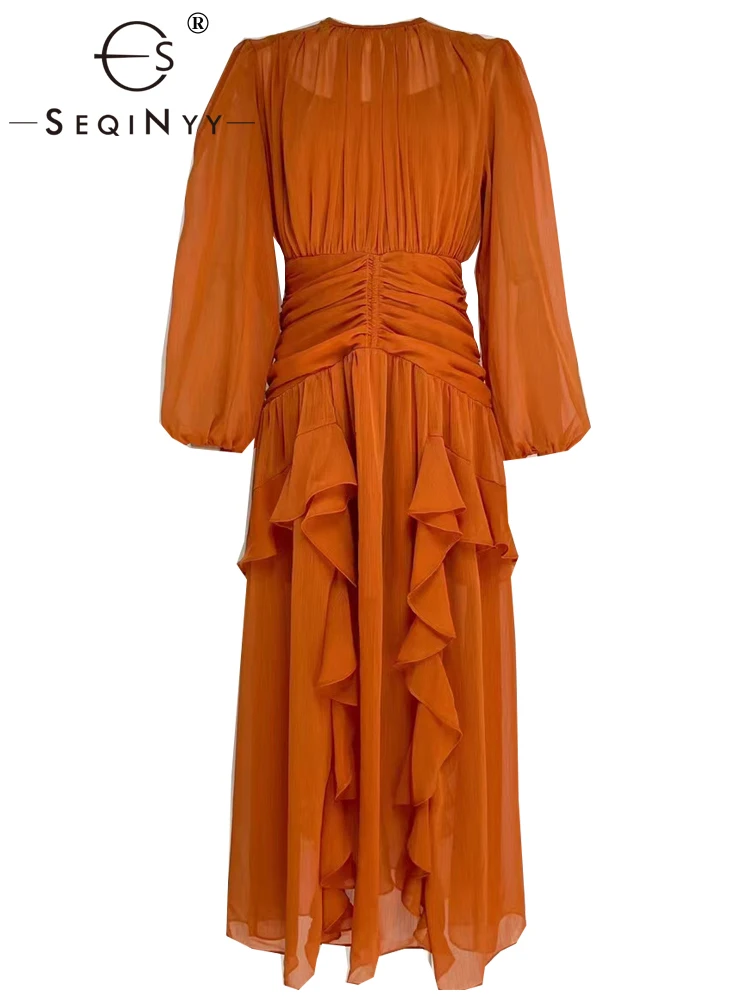 

SEQINYY Orange Midi Dress Summer Spring New Fashion Design Women Runway Lantern Sleeve Ruffles Pleated A-Line Slim Party Casual