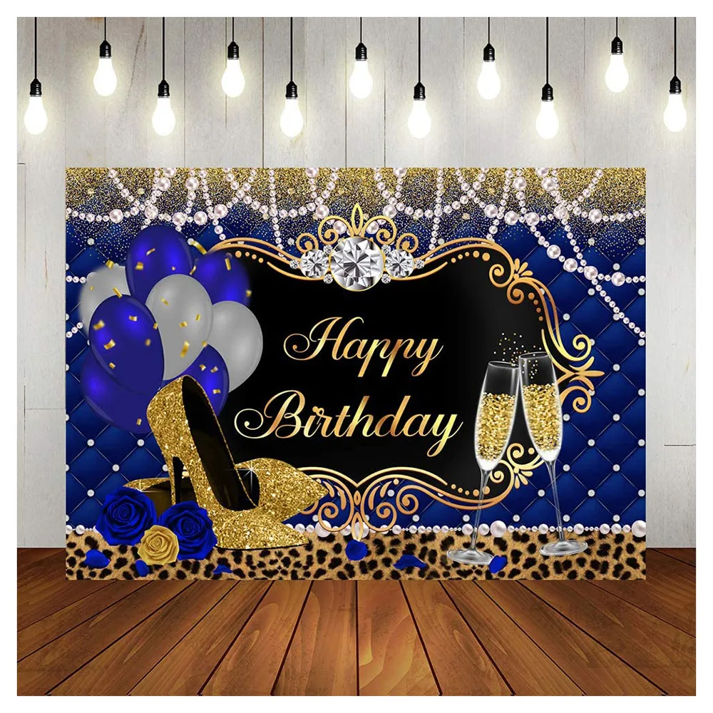 

Customized Royal Blue Purple Gold Shiny Glitter High Heels Pearl Birthday Party Backdrop For Adult Woman Banner Decor Background