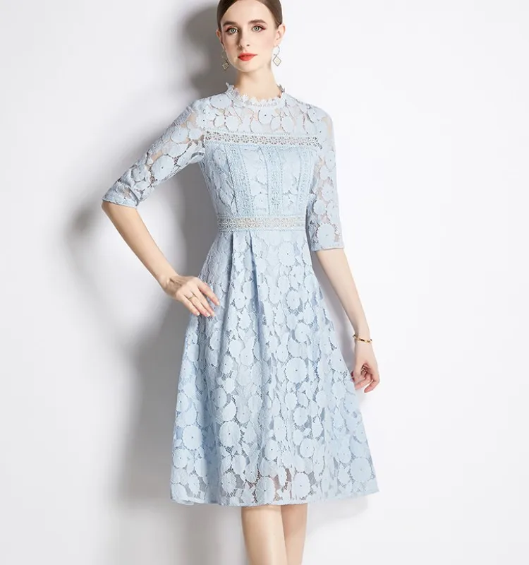 

Fashion Runway Women Hollow Out Lace Flower Temperament Dress Vestidos Spring Elegant O-Neck Casual Slim A-Line Party OL Dress