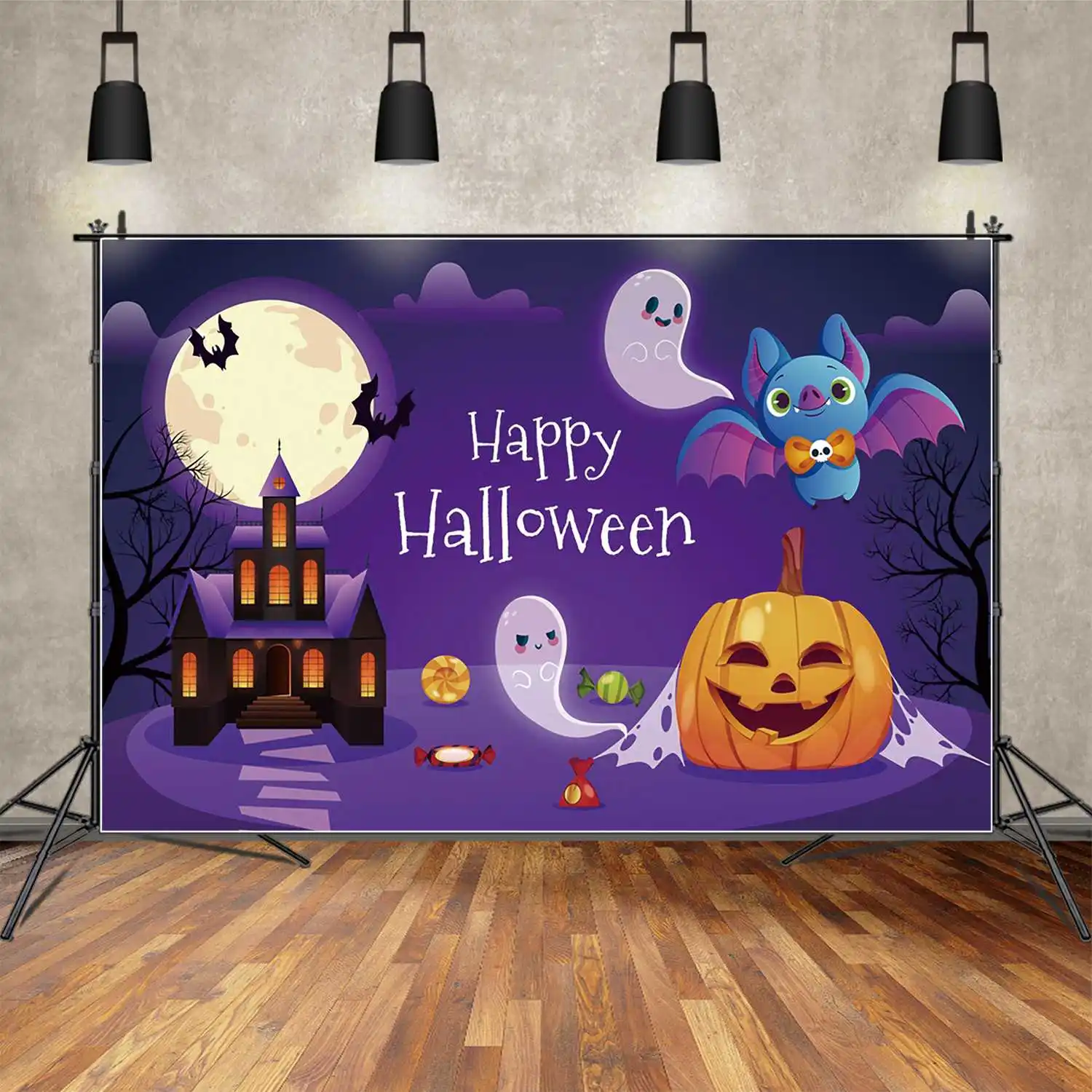 

MOON.QG Photo Backdrop Baby Snow Castle Happy Halloween Banner Background Bluey Trick Or Treat Party Decor Bat Pumpkin Props