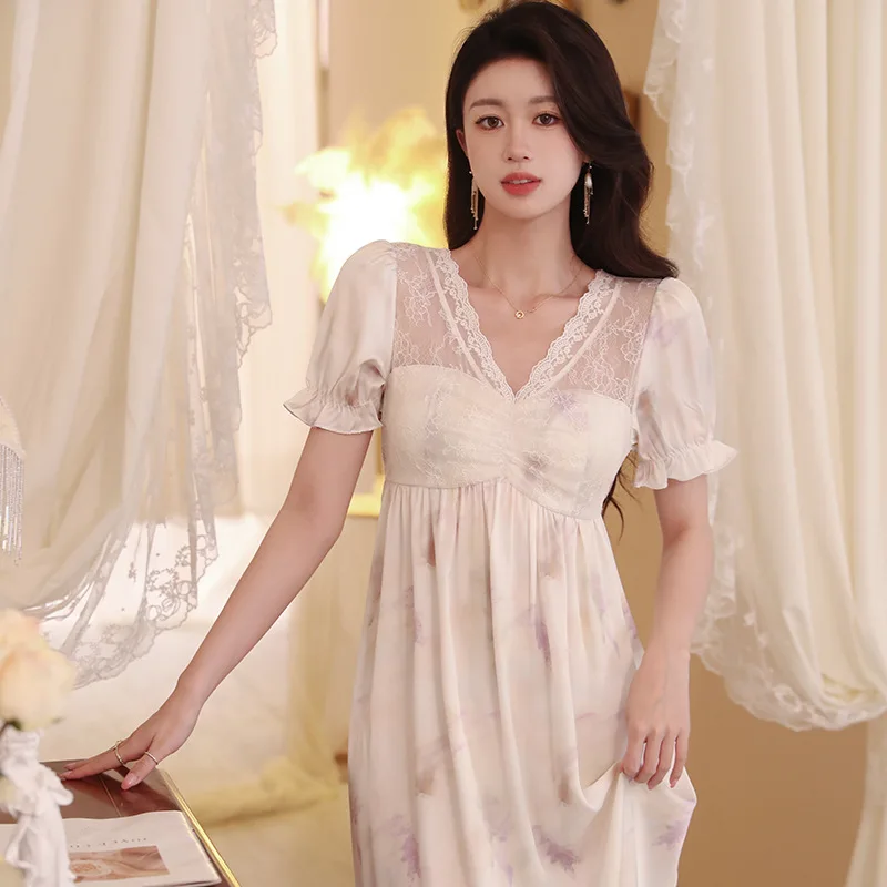 

Sexy Mesh V Neck Night Dress Lace Summer Ice Silk Nightgown Women Short Sleeve Nightdress Princess Satin Sleepwear Nightwear