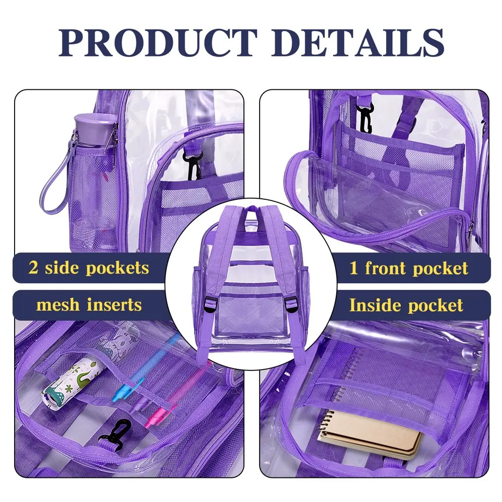 Clear Backpack Unisex Large Heavy Duty Transparent Bookbag,See Through Backpack with Reinforced Strap,Purple