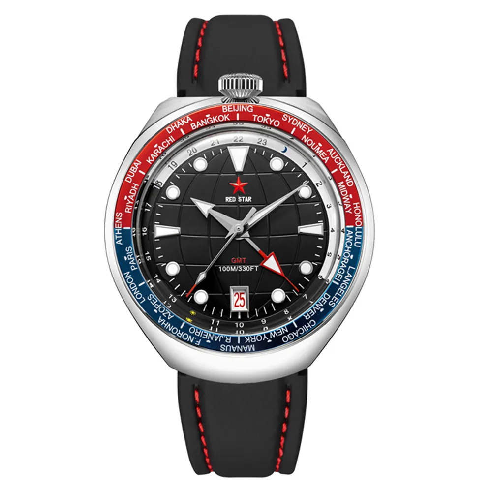 42mm  RED STAR BullHead 100m Diving Automatic Mechanical Watch Calendar Luminous Double Domed Mineral Glass NH34 Wristwatch