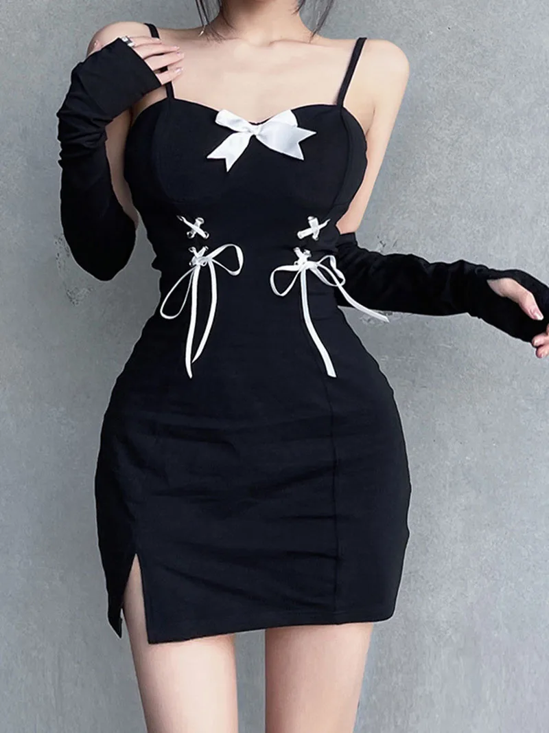 

Dark Goth Women's Dress With Sleeves Sexy Sweet Bow Lace Up Female Dresses Black Off-shoulder Straps Bodycon Clubwear Vestidos