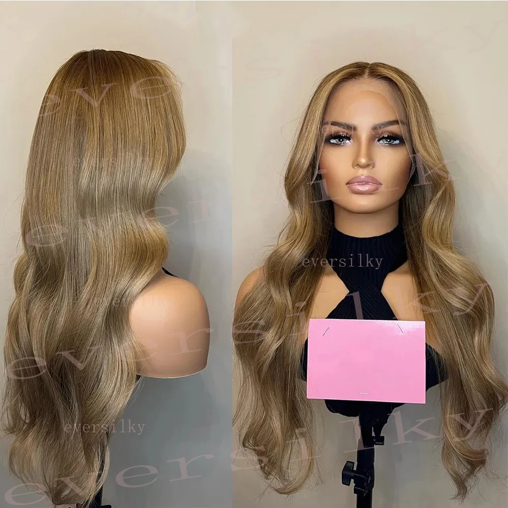 Caramel Blonde Slight Wavy Light Brown Roots Remy Human Hair Wigs HD Transparent 13x6 Lace Front Wig Glueless Full Lace Wigs