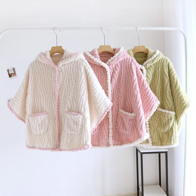 

Autumn Winter Flannel Women's Nightwear Plus Size Shawl Thickened Housecoat Three Quarter Sleep Tops Sexy Night Wears for Ladies