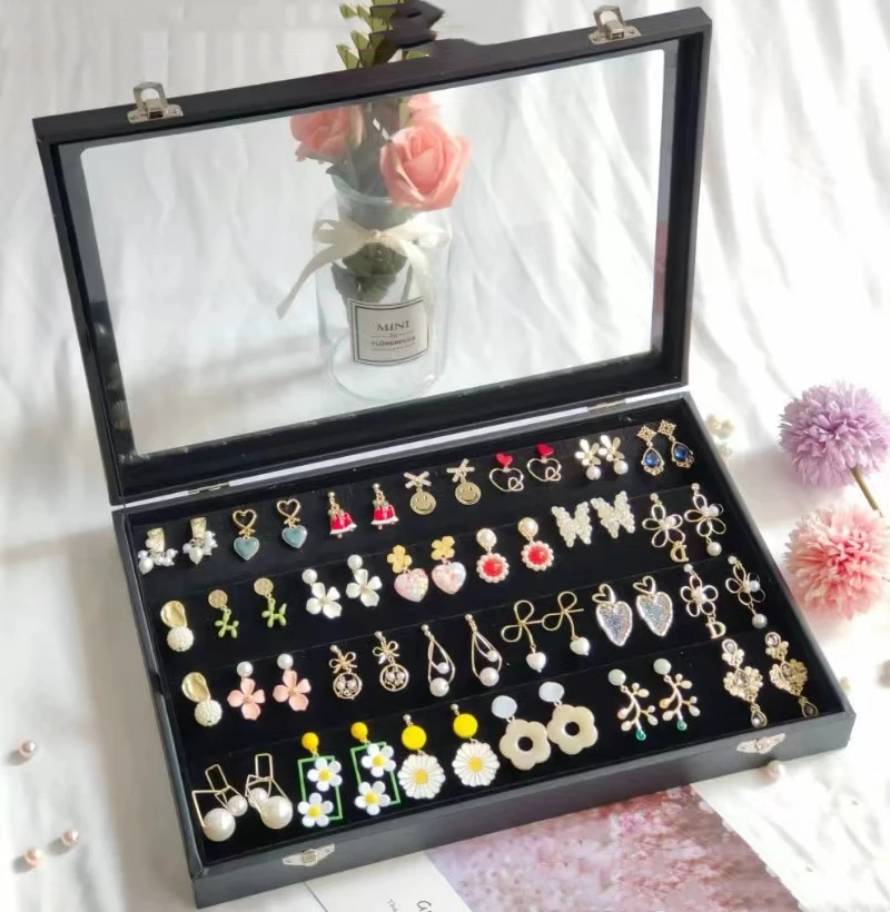 100-Bit Earrings Storage Boxes PU Leather Black Large Earrings Earrings Stall Jewelry Display Box Factory Wholesale