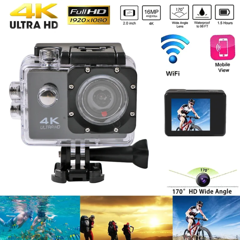

12 МП шлем Экшн-камера 4K / 25fps Ultra HD ЖК-экран WiFi цифровая камера 170D Go Водонепроницаемая профессиональная спортивная DV-камера видеокамера