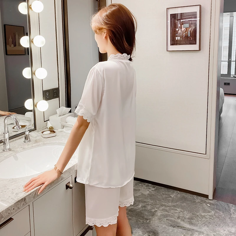 Summer Explosive Sexy Lace Short-Sleeved Shorts Two-Piece Women's Pajama Set, Imitation Ice Silk Thin Loose Loungewear