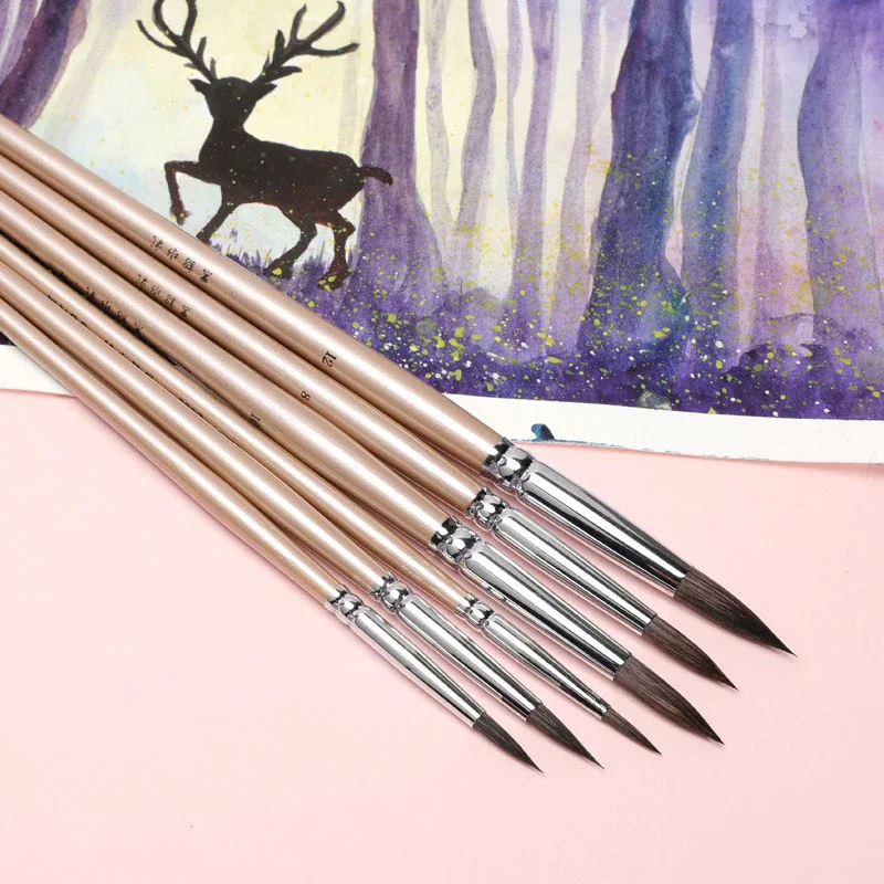 

6PCS Watercolor brush black marten animal hair round pointed watercolor painting brush set adult beginner student hand-painted