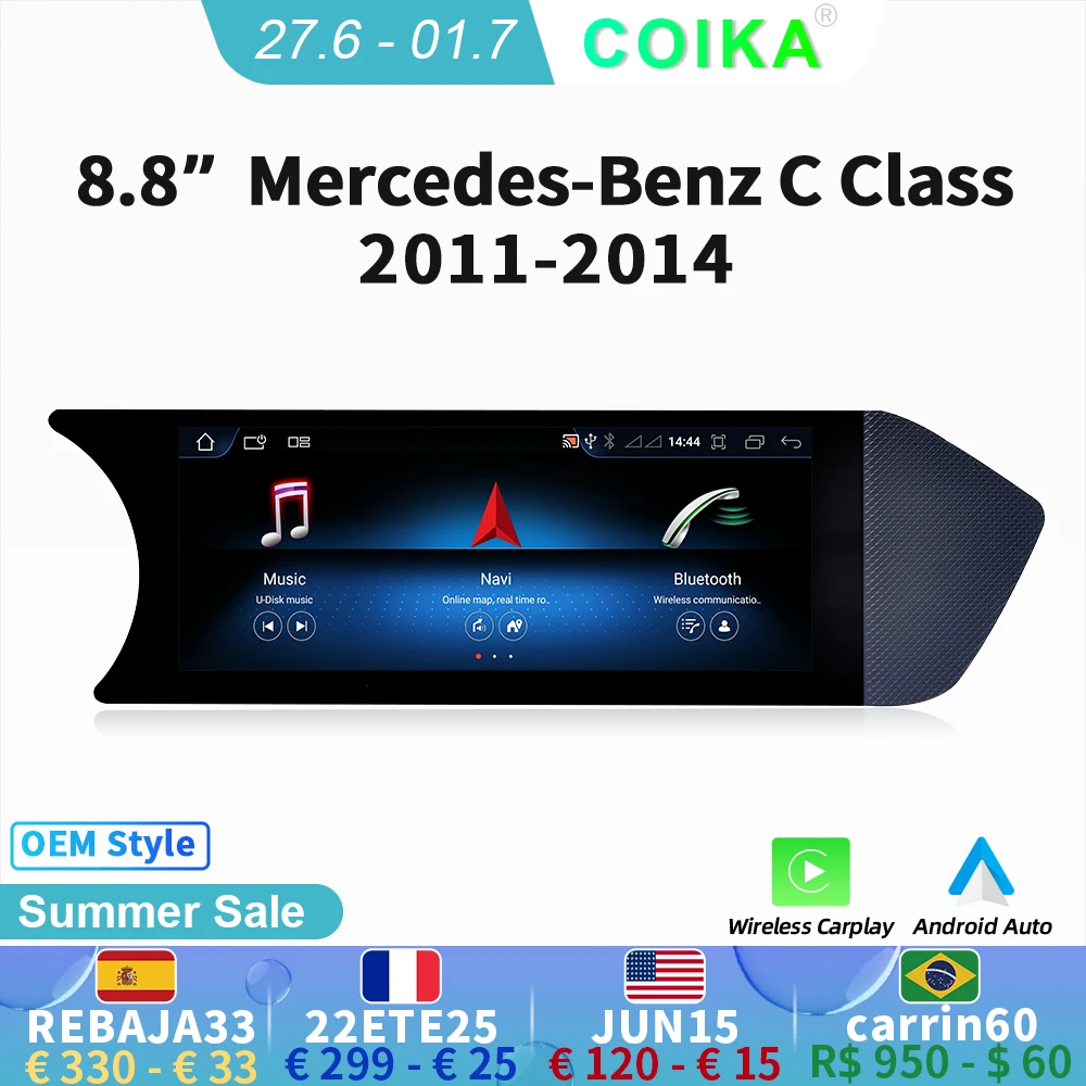 

Автомобильная Мультимедийная система COIKA, сенсорный экран 8,8 дюйма, радио для Mercedes C Clas W204 2011-2014 BT WIFI SIM GPS Navi Android 11 Carplay 8 ядер