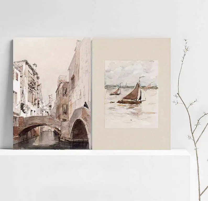 Vintage Apple Tree Poster Print Neutro Farmhouse Wall Art Veneza Esboço Aquarela Seascape Canvas Painting