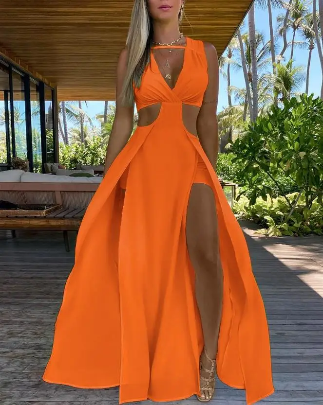 

Elegant Dresses for Women Sexy V-Neck Cutout Sleeveless Thigh Slit Maxi Dress New Fashion 2023 Summer Casual Vacation