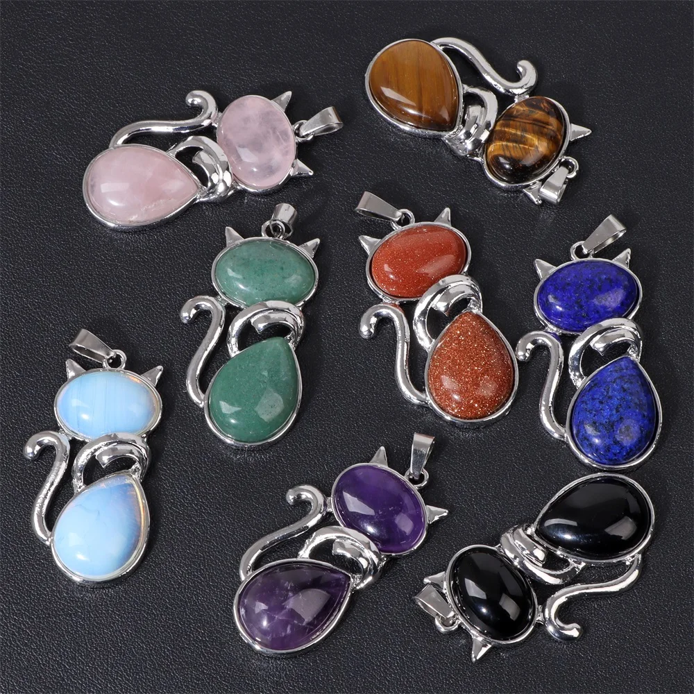 

Natural Stone Pendant Reiki Heal Cute Cat Amethysts Black Agates Tiger Eye Charms for Jewelry Making DIY Necklace Gift 25x45mm