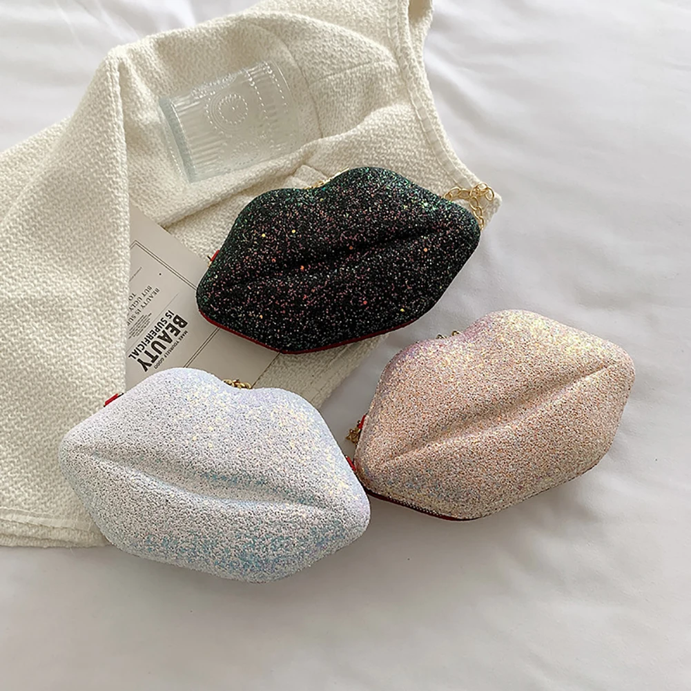 

New Bags for Women 2022 Sequins Lip Shape Messenger Crossbody Bag Lady Casual Small Metal Chain Tote Bag Bolsas Feminina Saco