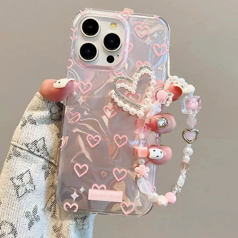 Фото Ювелирный чехол с жемчужным сердечком для Redmi Note 14 13 Pro Plus 12 11 10 12s 10s 11s Xiaomi Redmi 13C 14C 13 12 Чехол для телефона с цепочкой №1