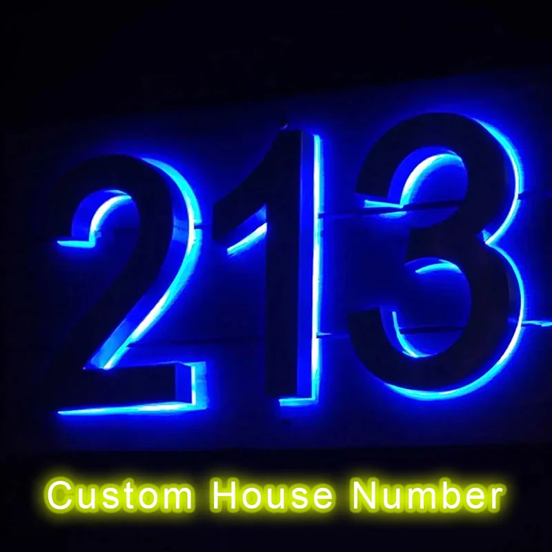 Luz Led azul de Metal para números de casa, placas de puerta de Hotel para el hogar, impermeable al aire libre, señal de acero inoxidable, dirección