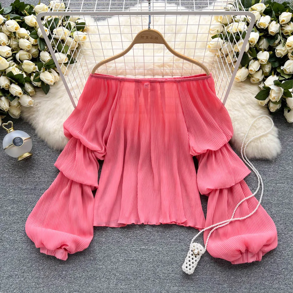 

Women's Summer 2022 New Fashion Slash Neck Loose Long Lantern Sleeve Chiffon Shirt Solid Color Casual Blouse Tops Mujer F175