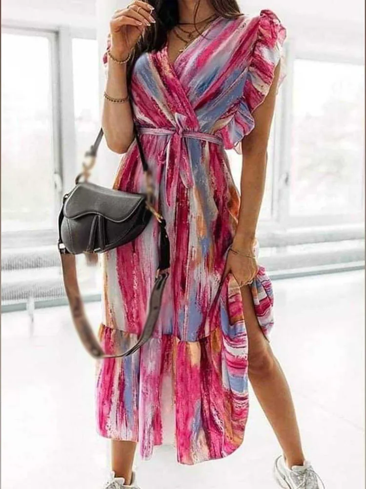 

Fashion V Neck Ruffle Sleeveless Midi Dress Sexy Multicolor Print Lace Up Dresses Summer Elegant Fly Edge Long Holiday Sundress