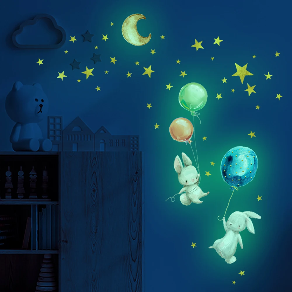 Cartoon Bunny Balloon Luminous Wall Stickers Glow In The Dark Wallpaper For Kids Room Living Room Nursery Home Decoration Decals