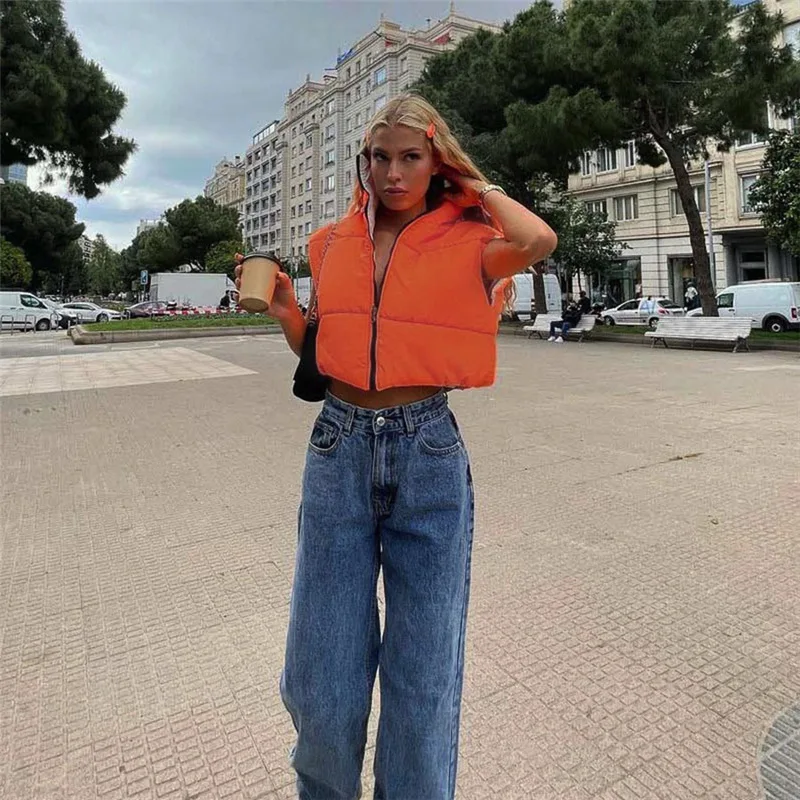 

Front and Back Wearing Zipper Contton Padded Vest Women's Winter 2022 Stand Collar Sleeveless Slim Waistcoats Y2K Clothes