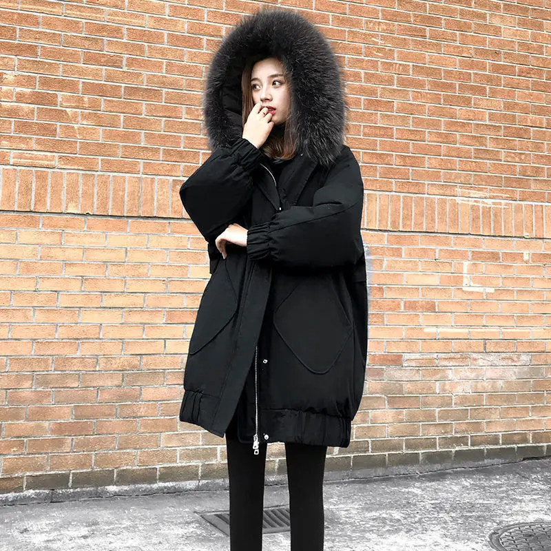 Big Fur Collar Down Cotton Coats Women Winter New Long Loose Thicken Warm Padded Jacket Female Clothing Solid Parkas Pink Tops