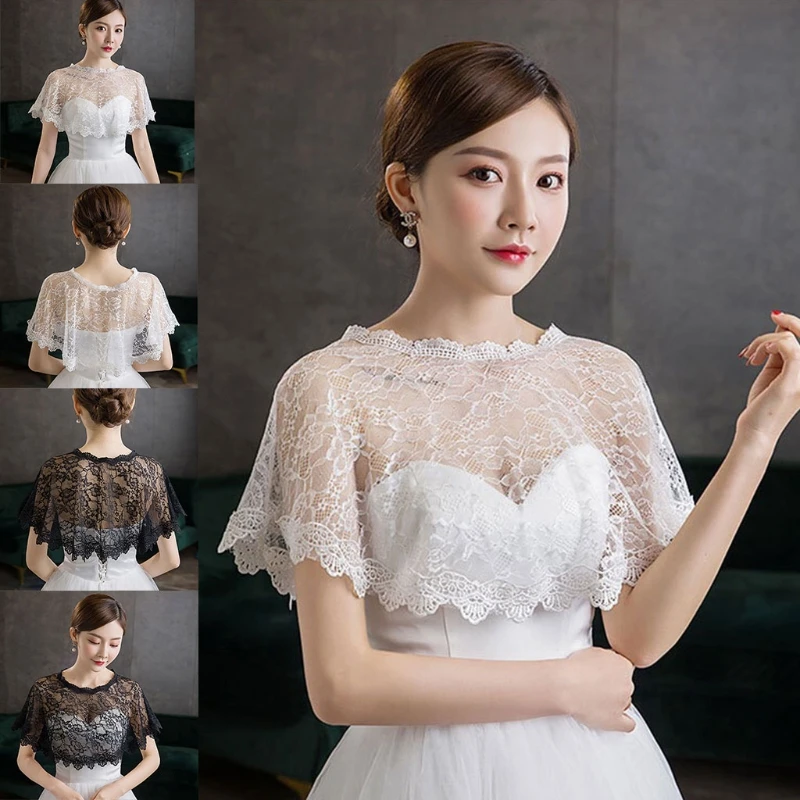 

Womens Embroidery Floral Lace Shawl Wrap Wedding Bridal Bolero Flapper Cover Up See-Through Prom High Low Shrug Cape Tulle for
