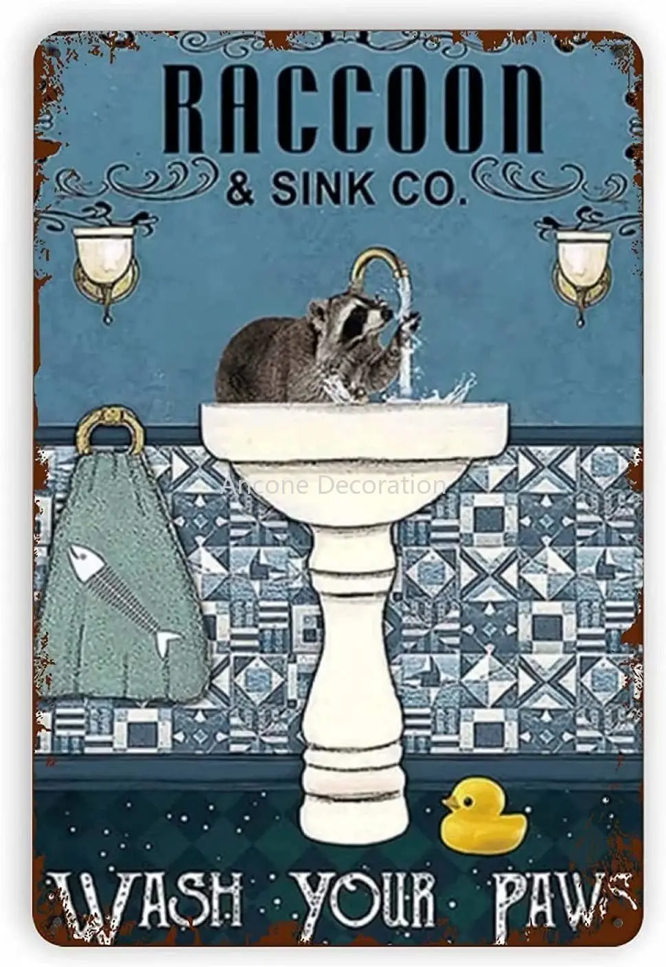 

Raccoon Bathroom Metal Sign Wash Your Paws, Animals Sink Vintage Style Iron Painting for Home Bathroom Cafe Kitchen Wall