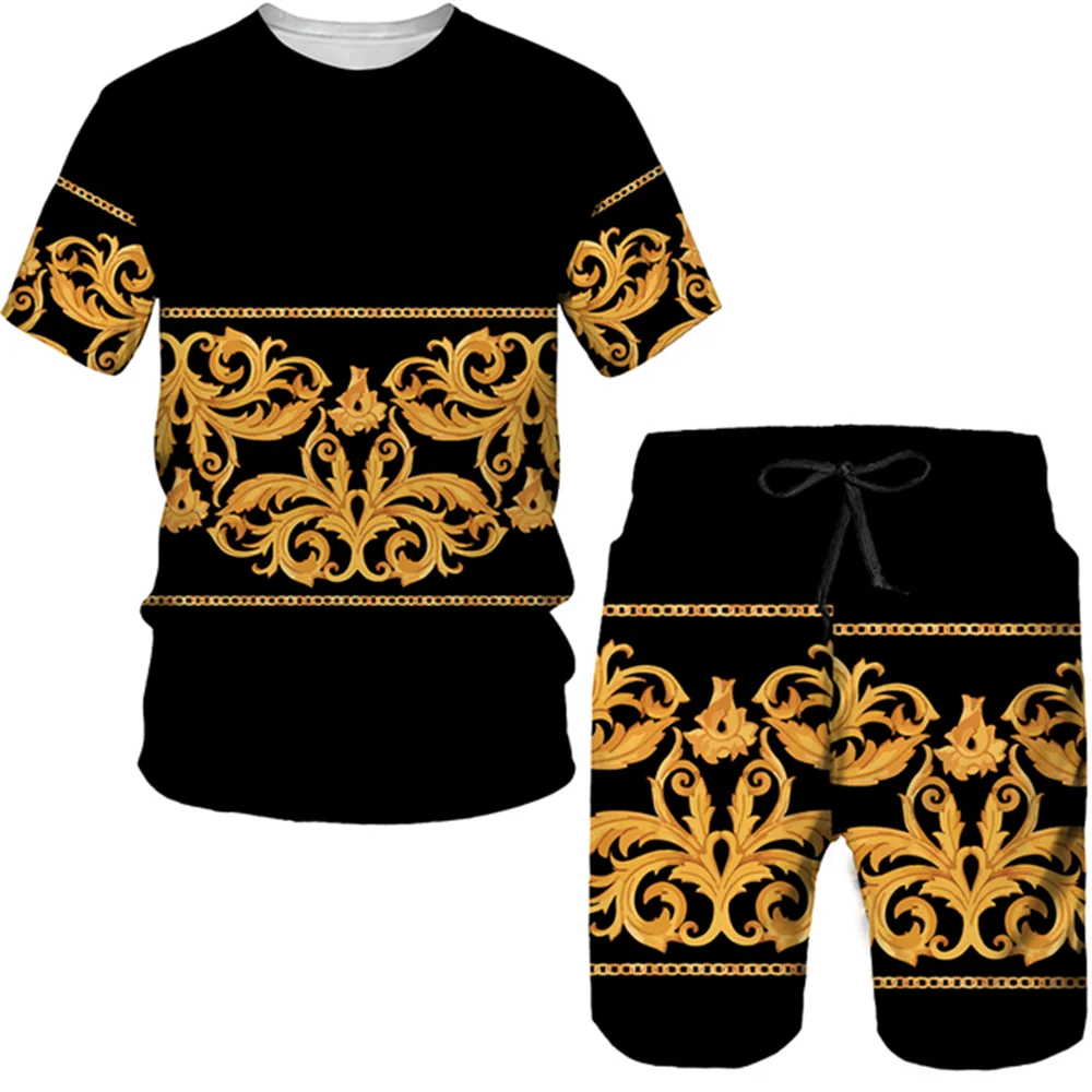 Summer 3D Printed T-shirt Shorts 2-Piece Casual  Luxury Retro Gold Pattern Men's  Sports Suit Fashionable 2023 Street Men's Wear