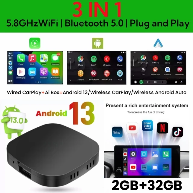 

Беспроводной CarPlay AI Box Android 13 Android Auto Smart TV Box Для YouTube И Netflix, Совместимый С Toyota, Mazda, Hyundai