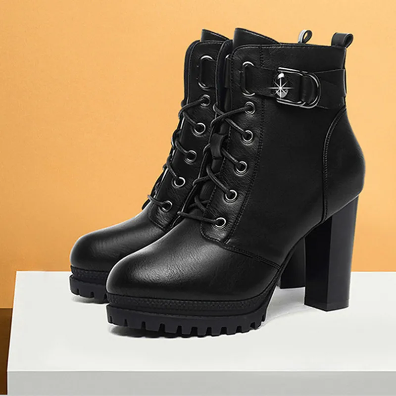 

Fashion Women Short Boots Solid Thick Platform Pumps For Woman Office Shoes Winter Warm Shoes 9cm High Heels Female Ankle Boots
