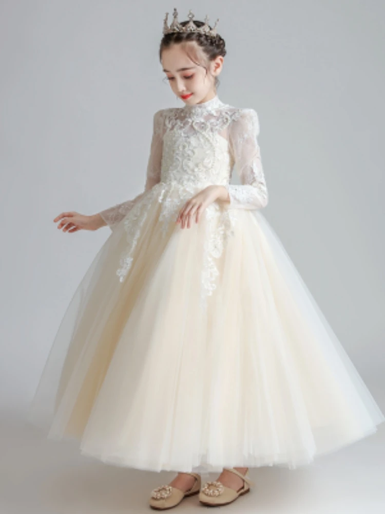 White Princess Evening Dress Long Sleeve New Puffy Yarn Flower Girl Wedding Dress Children'S Host Piano Performance Dress enlarge