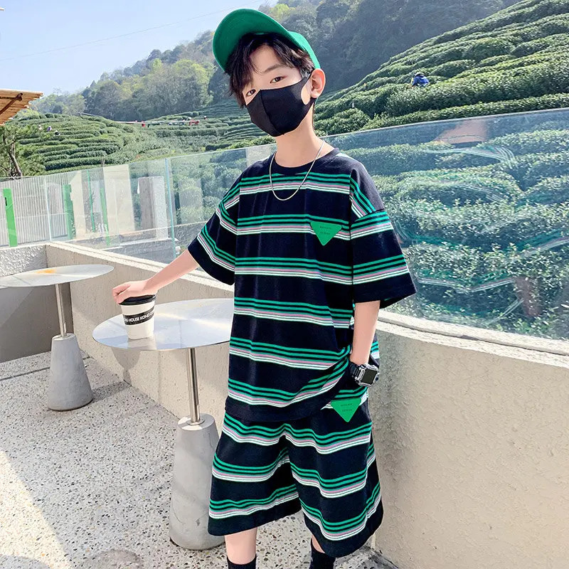Children Clothing Sets Summer Boys Short Sleeve Striped T Shirts + Shorts Loose Casual High Quality Teenage Kids Clothes Outfits