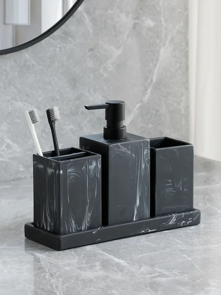 

Bathroom Accessories Complete Marble Pattern Lotion Soap Dispenser,Toothbrush Holder,Tumbler,Tray Resin material Black white