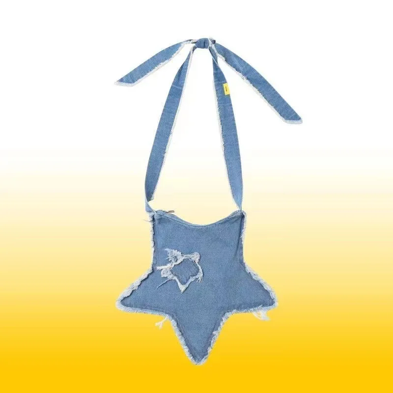 Star Denim Bag Damaged Brushed American Washed Cross Shoulder Multi functional Star Bag Shoulder Bags Messenger Bags