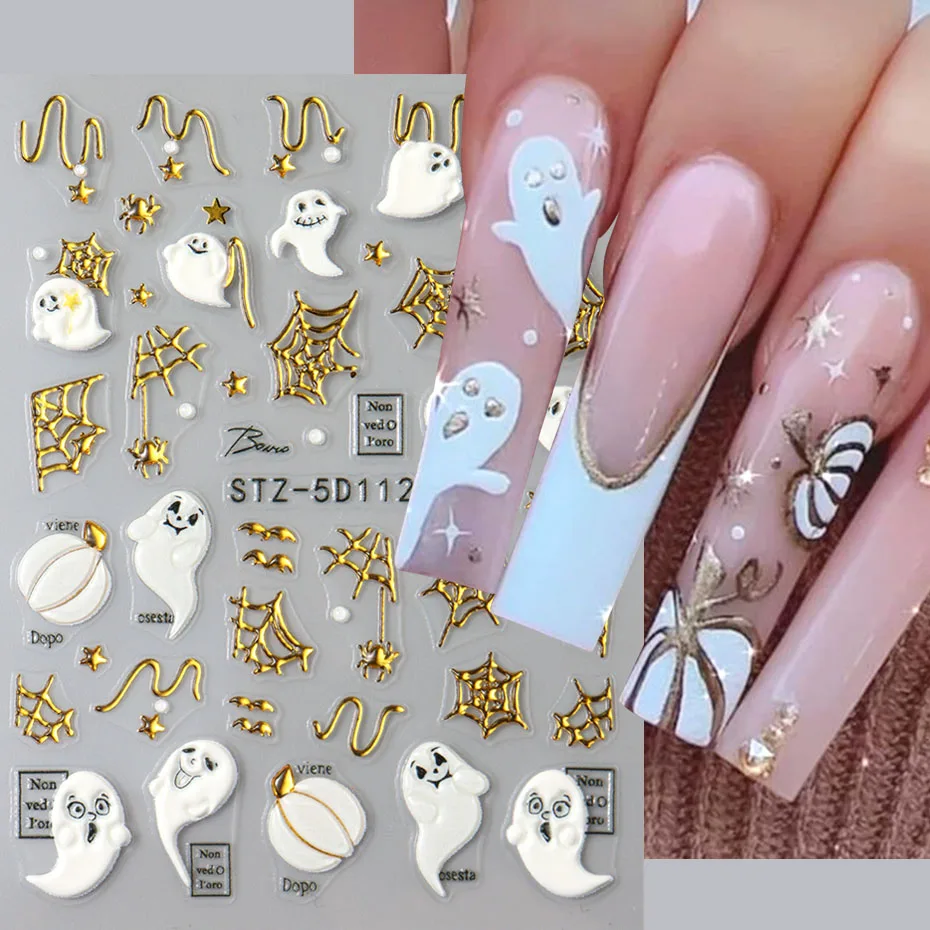 Жуткие тисненные наклейки для дизайна ногтей на Хэллоуин с золотыми блестящими