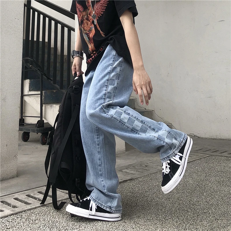 

Harajuku Straight-leg New High-waisted Retro Straight-leg Jeans Hip hop Jeans Retro Checkerboard Plaid Washed Jeans Men Women