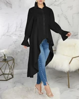 top for women casual flounce sleeve fashion button black white elegant front high low asymmetrical office lady work hem shirt