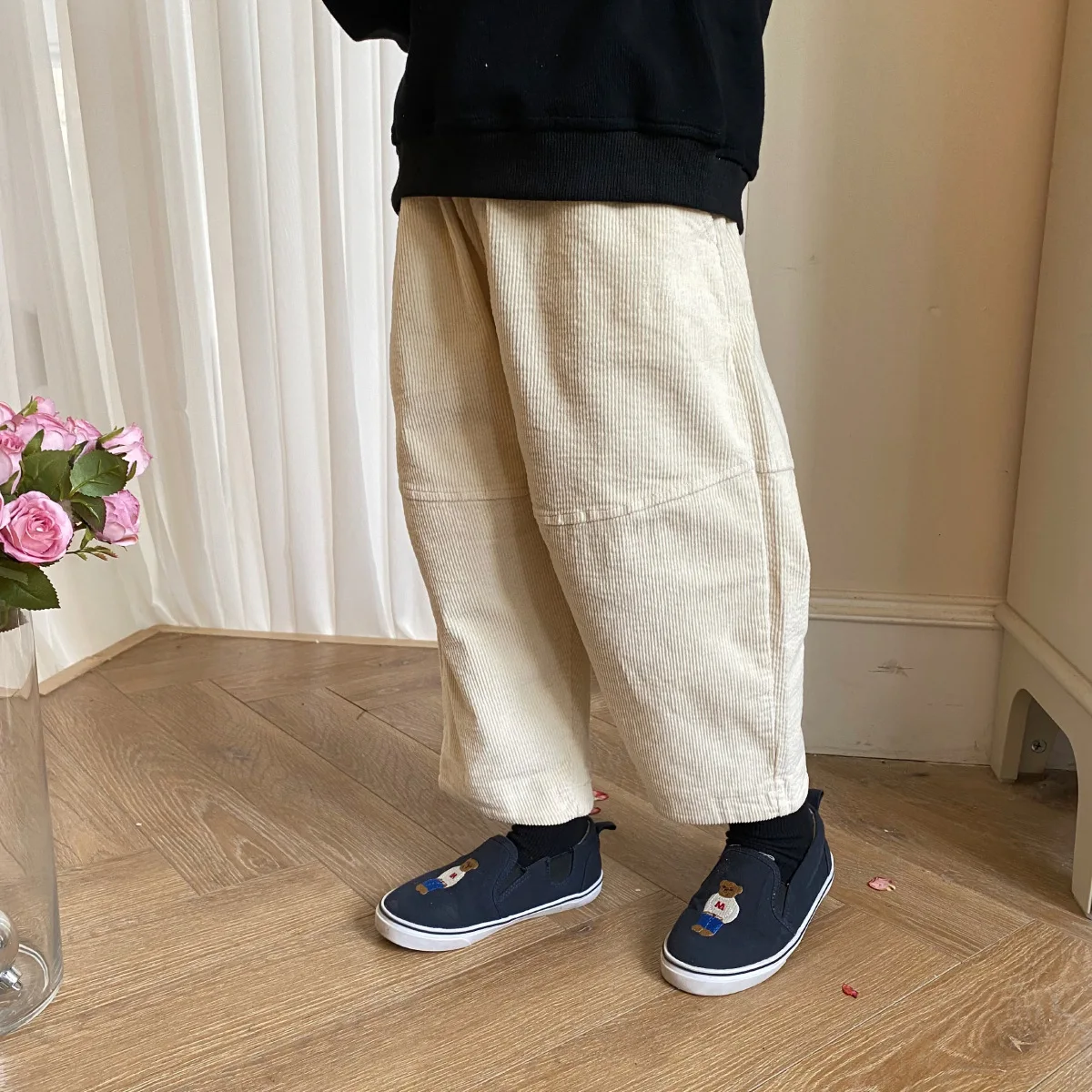 

Children Clothes Girls Corduroy Pants Spring Autumn 2022 New Korea Loose Elastic Waist Straight Solid MID Full Length Pants