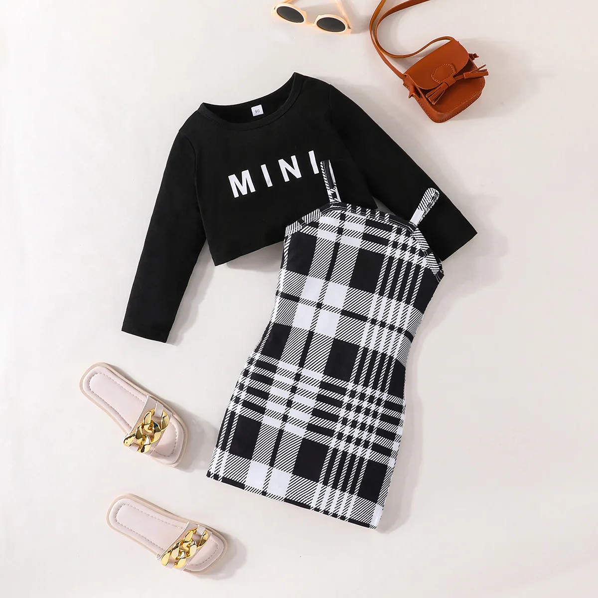 

Dress Set for Girls Spring&Autumn Girl Long-sleeved Blouse + Plaid Halter Skirt Two-piece Fashion Casual Suit Kids Clothes Girls